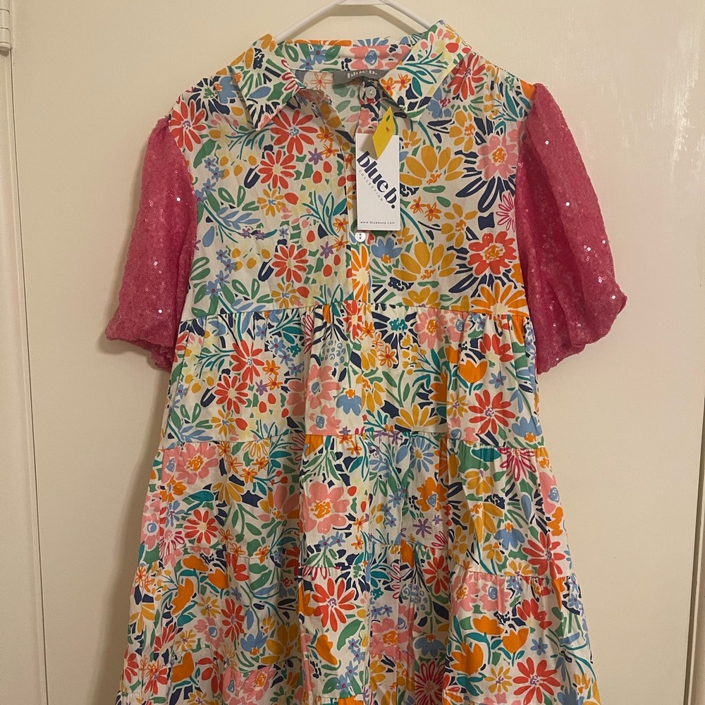 NWOT  BOUTIQUE Floral Patchwork Dress with Pink Sleeves